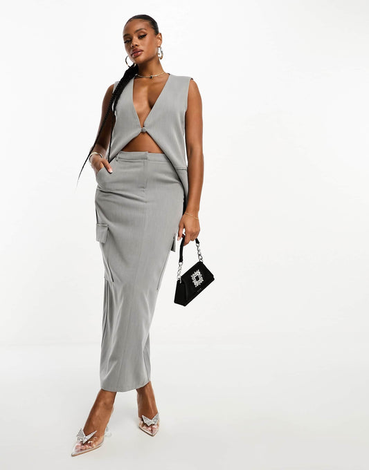 Kaiia exclusive tailored pocket detail maxi skirt co-ord in grey