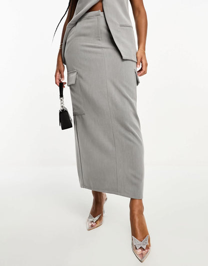 Kaiia exclusive tailored pocket detail maxi skirt co-ord in grey
