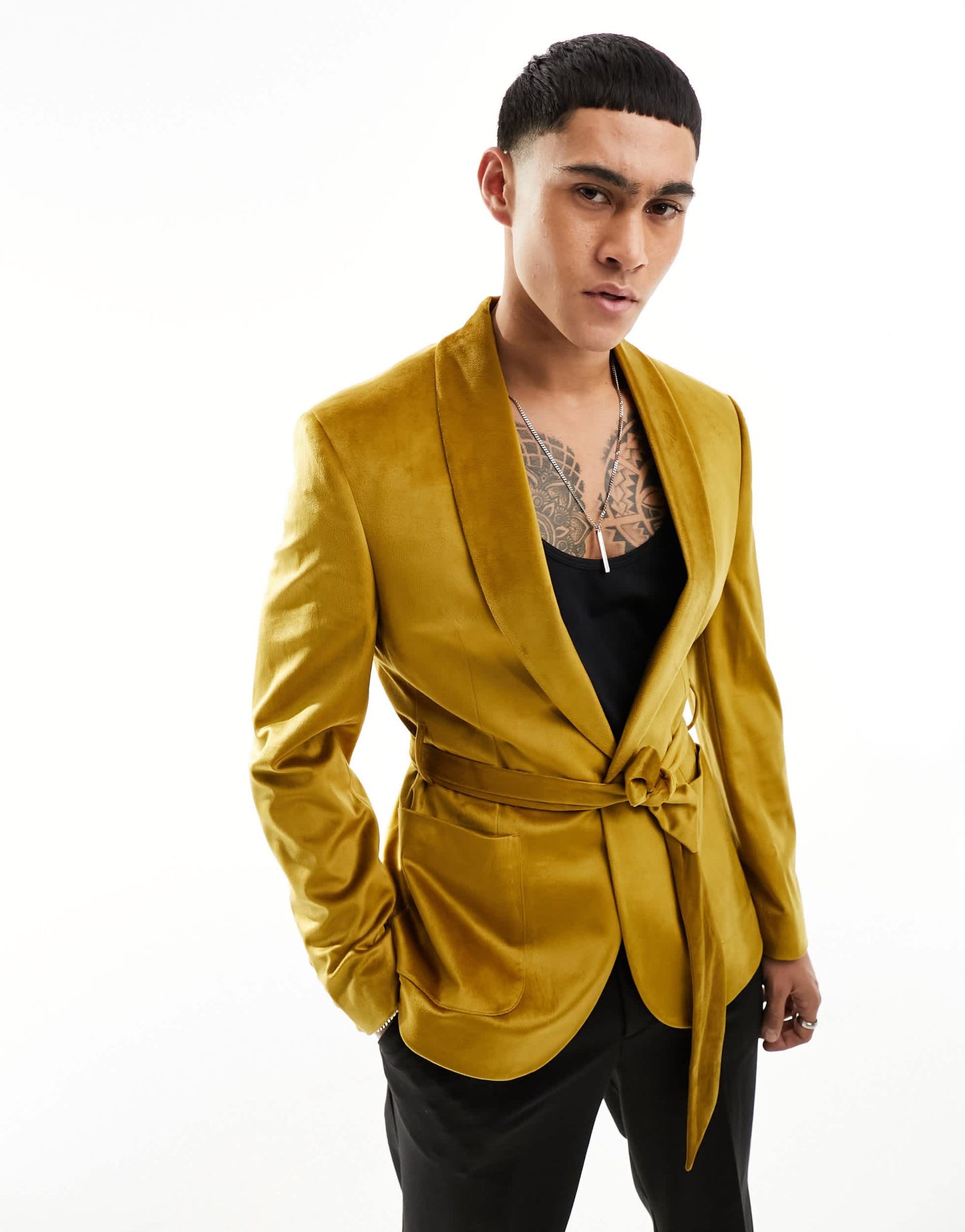 ASOS DESIGN super skinny smoking jacket in mustard velvet with belt