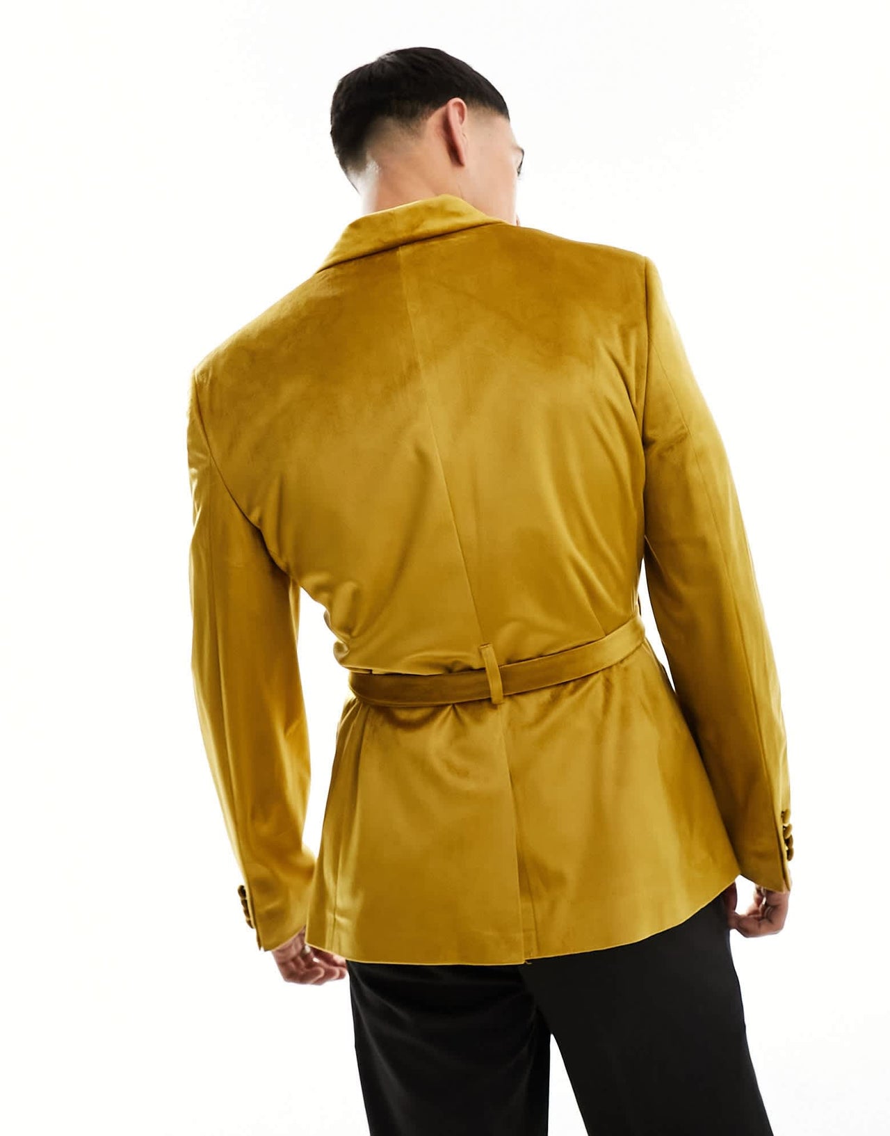 ASOS DESIGN super skinny smoking jacket in mustard velvet with belt