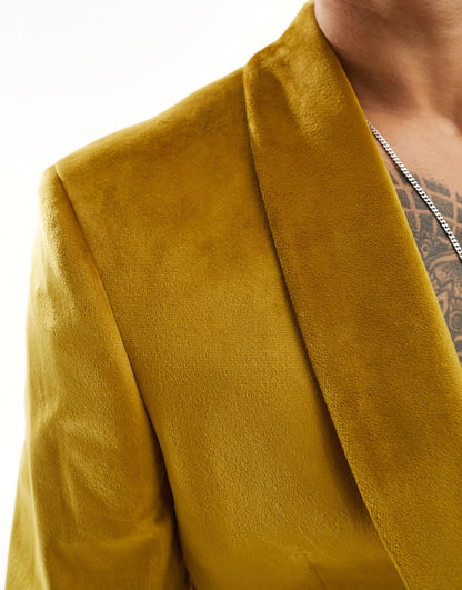 ASOS DESIGN super skinny smoking jacket in mustard velvet with belt