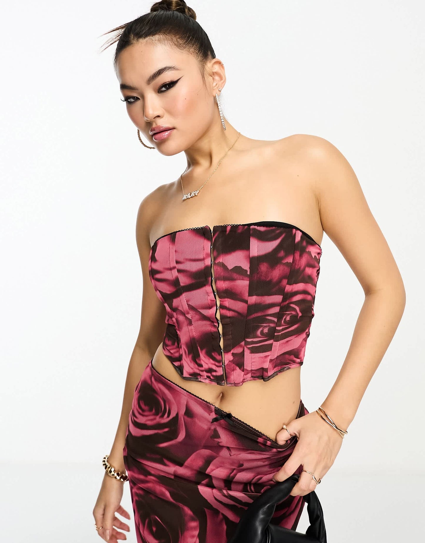 ASOS DESIGN co-ord hook and eye corset top in rose print