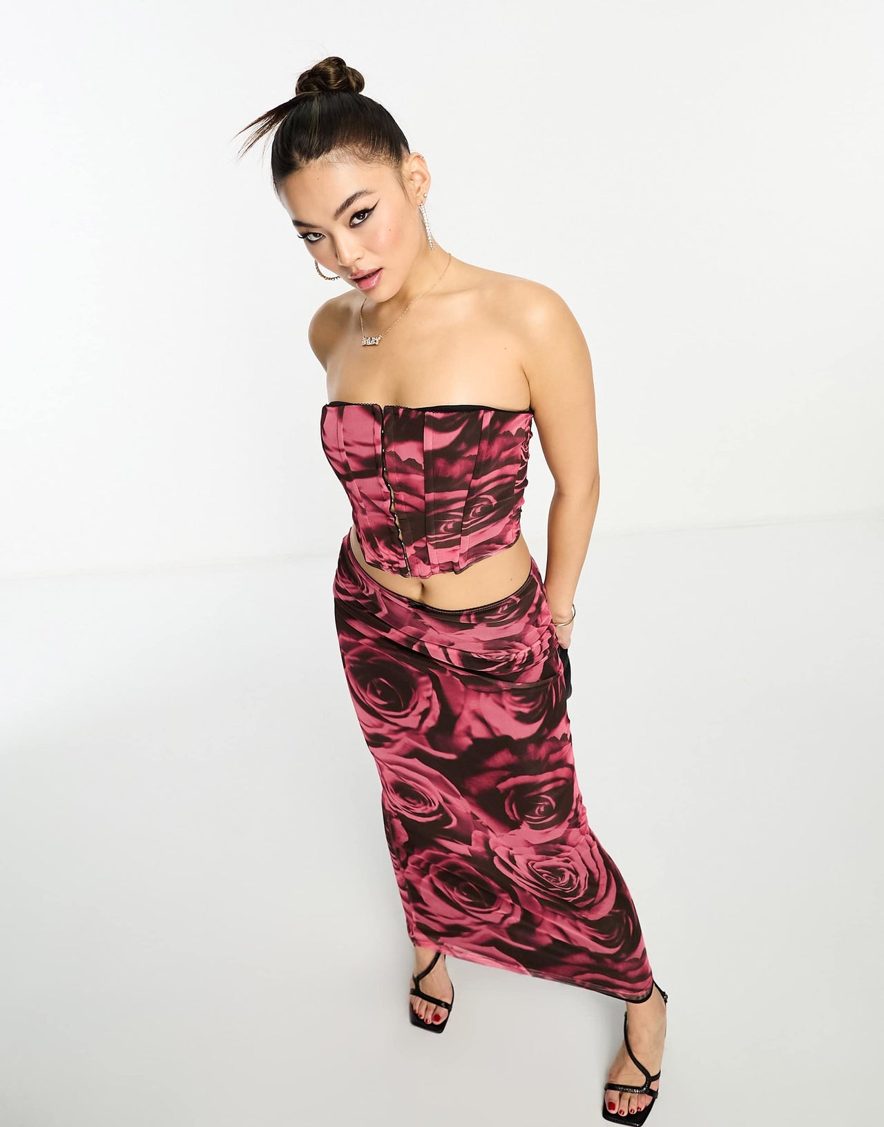 ASOS DESIGN co-ord hook and eye corset top in rose print