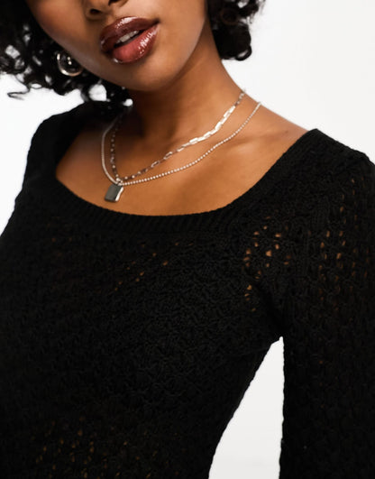 ASOS DESIGN crochet mini dress with flared long sleeves in black