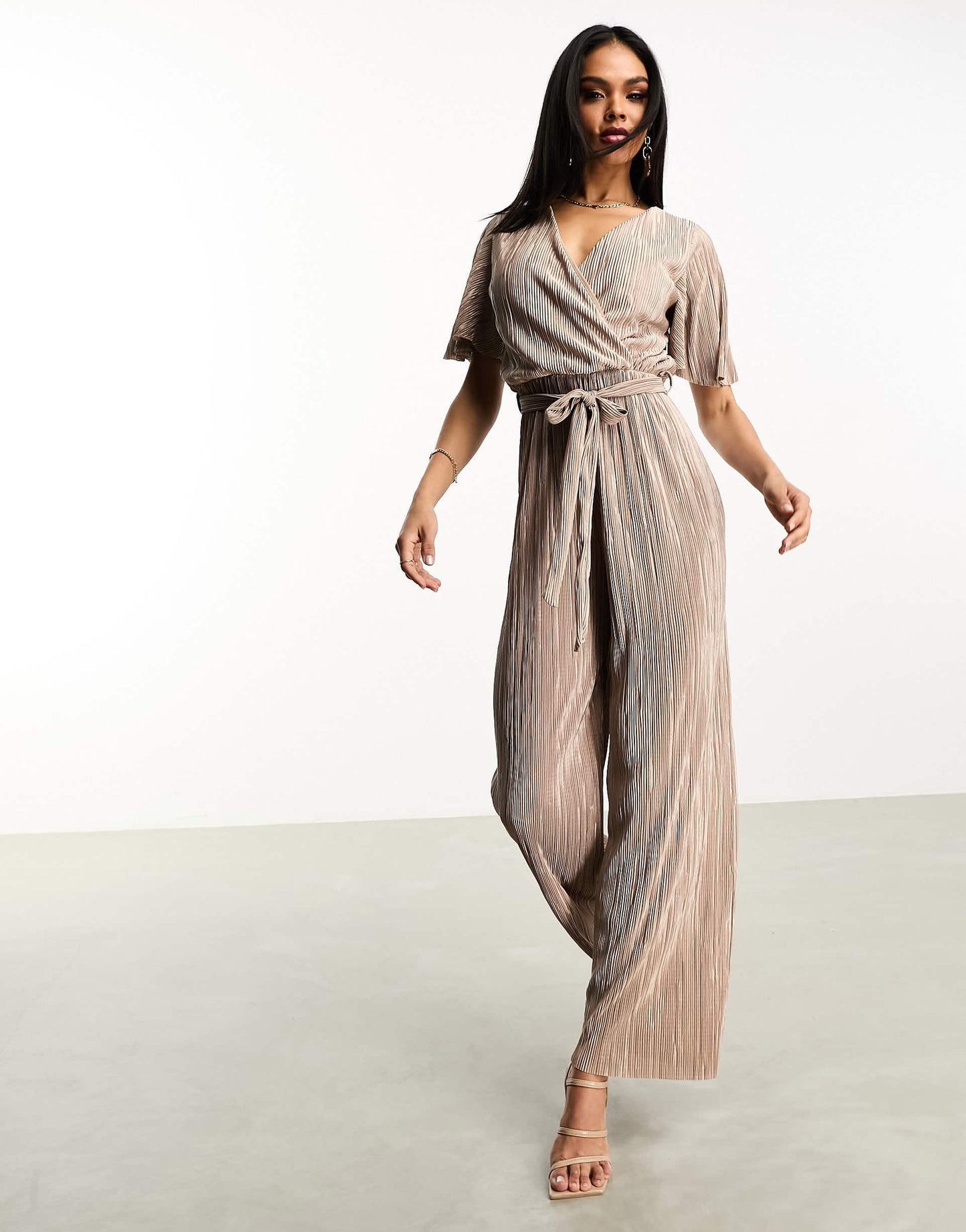 AX Paris short sleeve plisse wrap jumpsuit in taupe