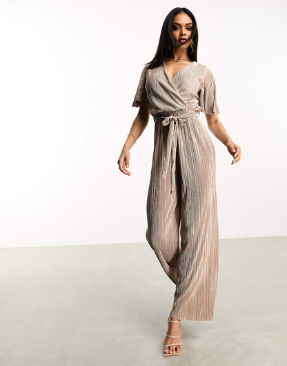 AX Paris short sleeve plisse wrap jumpsuit in taupe