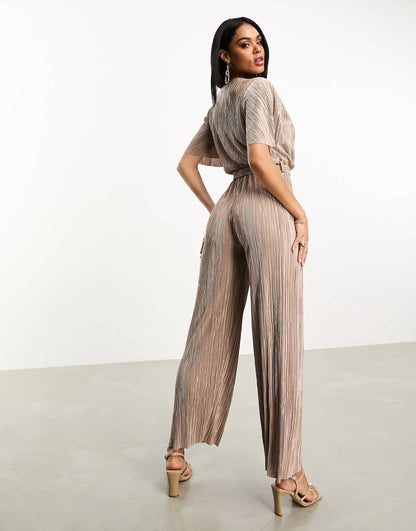 AX Paris short sleeve plisse wrap jumpsuit in taupe