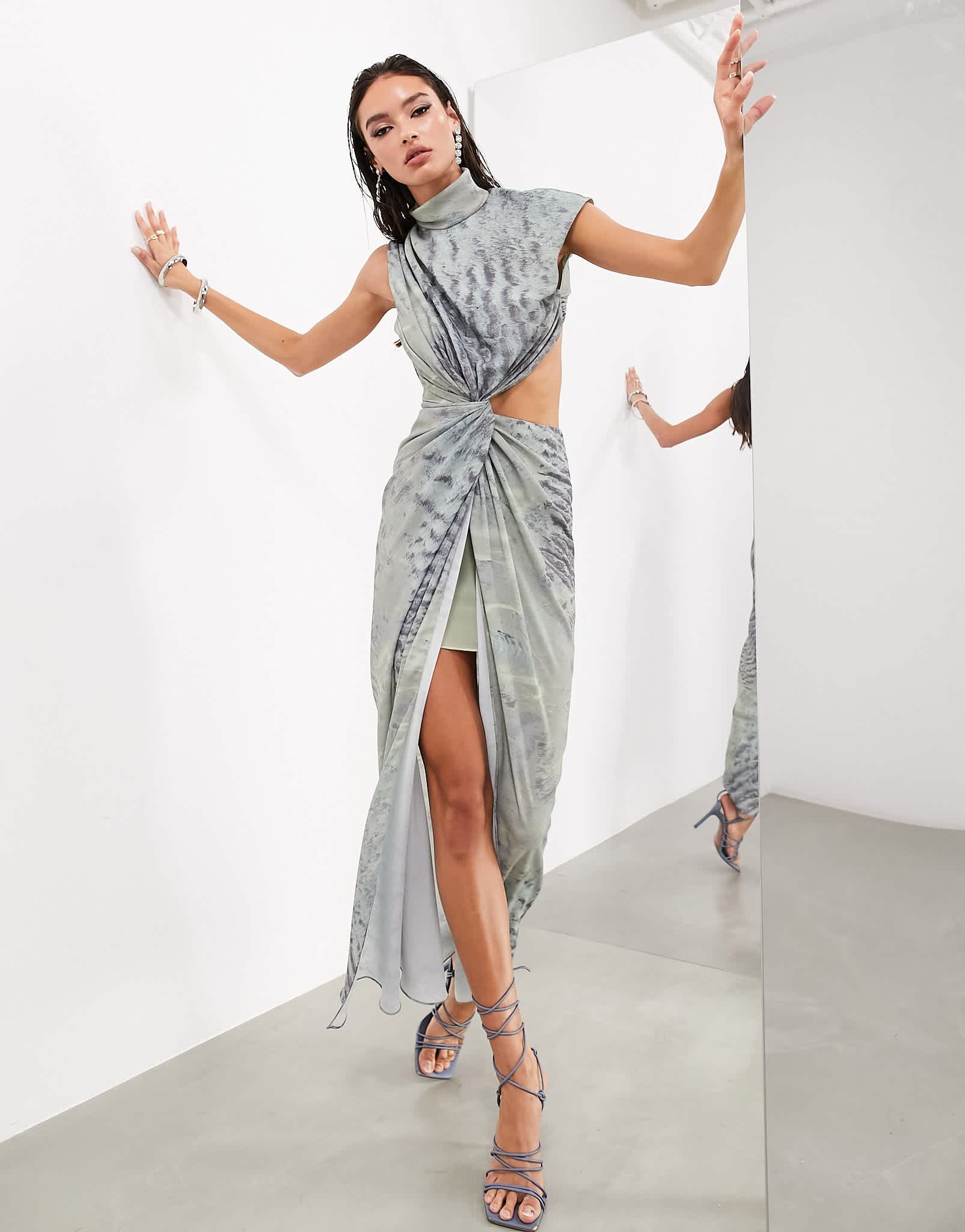 ASOS EDITION draped and slashed high neck maxi dress in grey abstract print