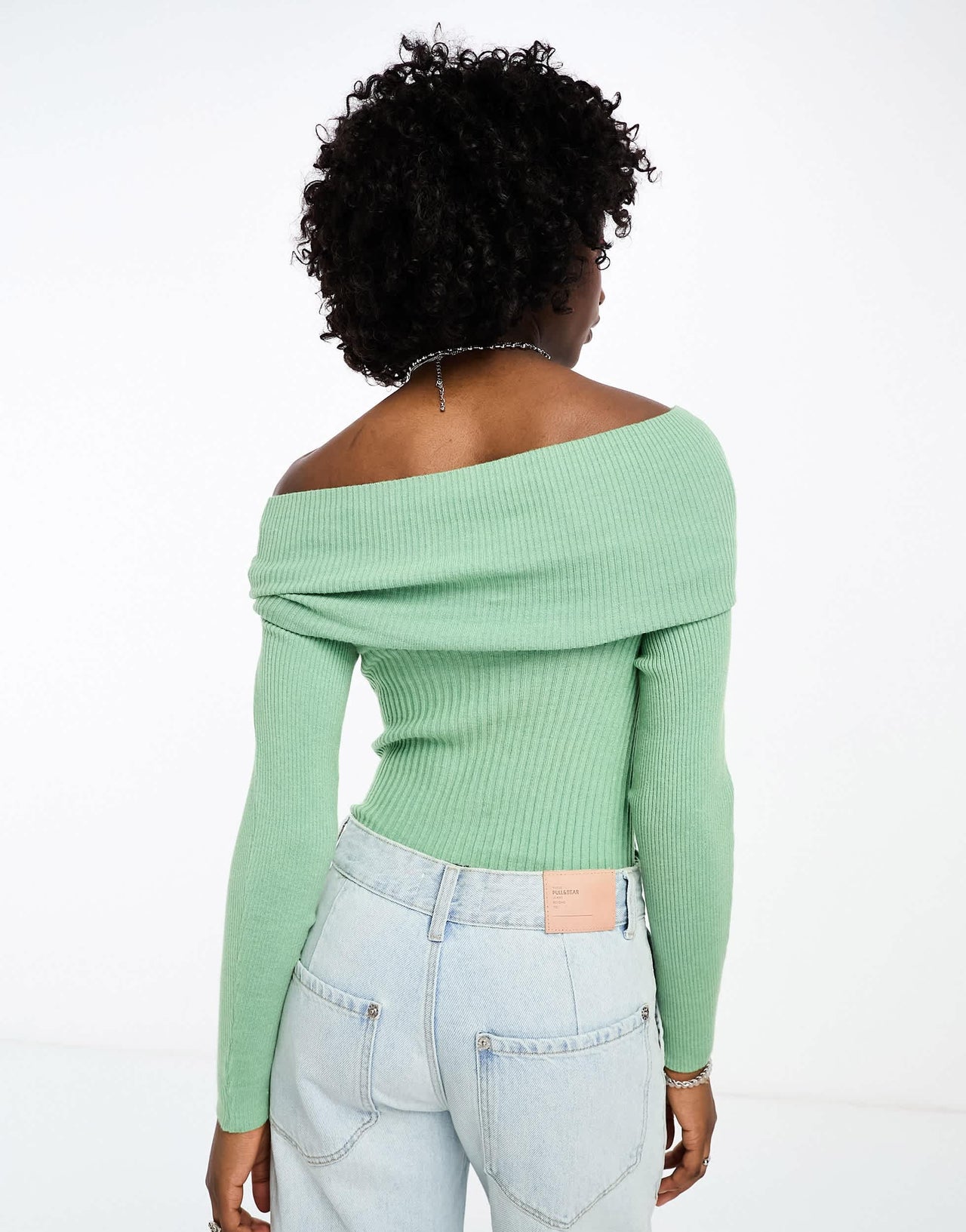 Daisy Street off shoulder fitted jumper in green knit