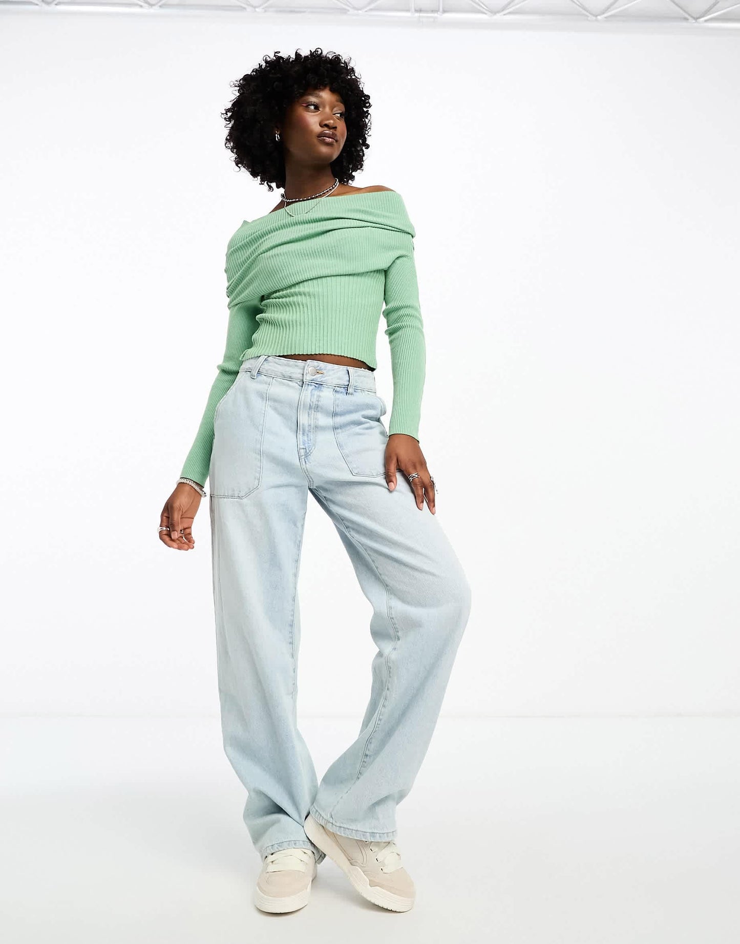 Daisy Street off shoulder fitted jumper in green knit