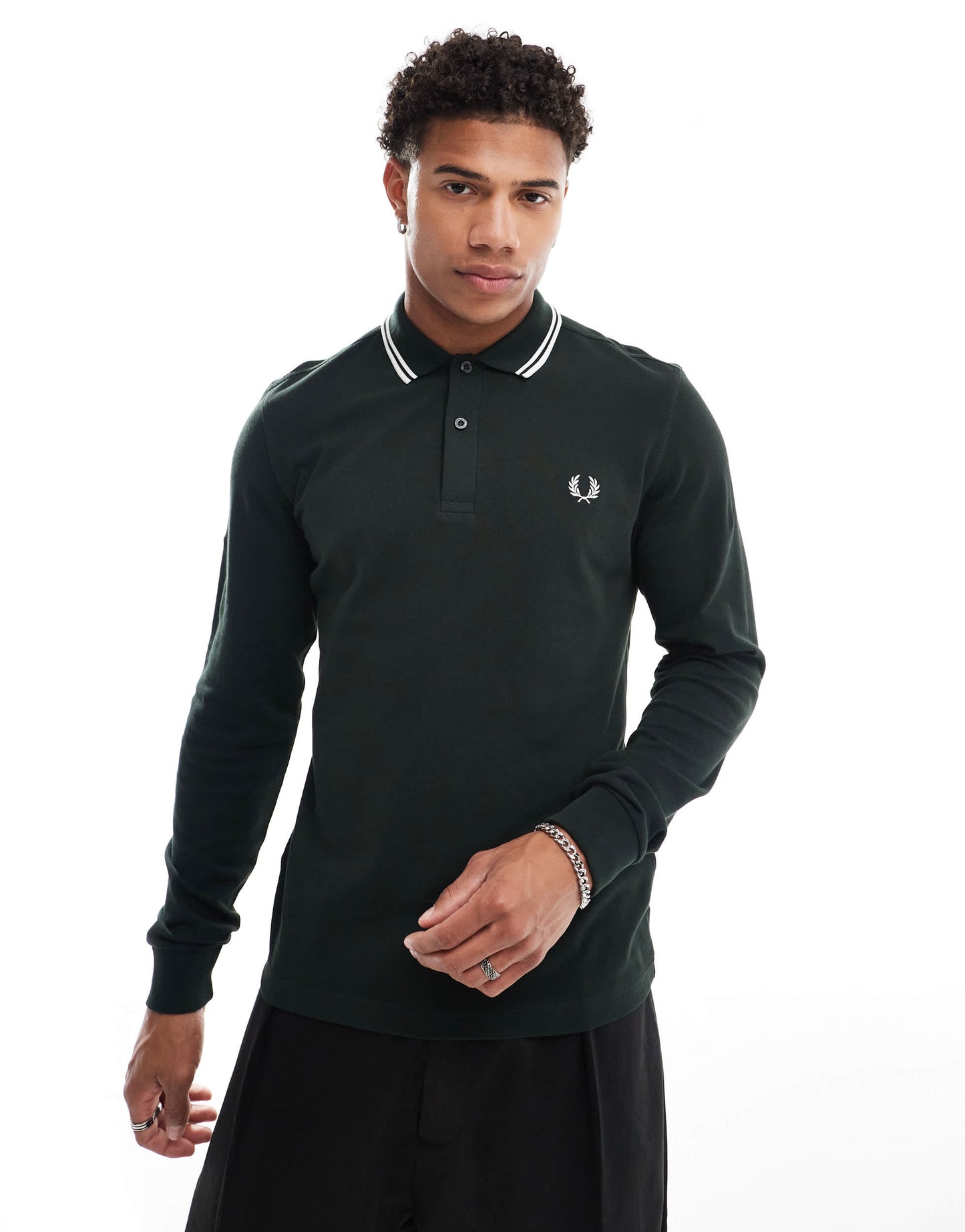 Fred Perry twin tipped long sleeve polo shirt in night green