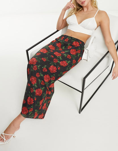Forever New mesh maxi skirt in black rose print