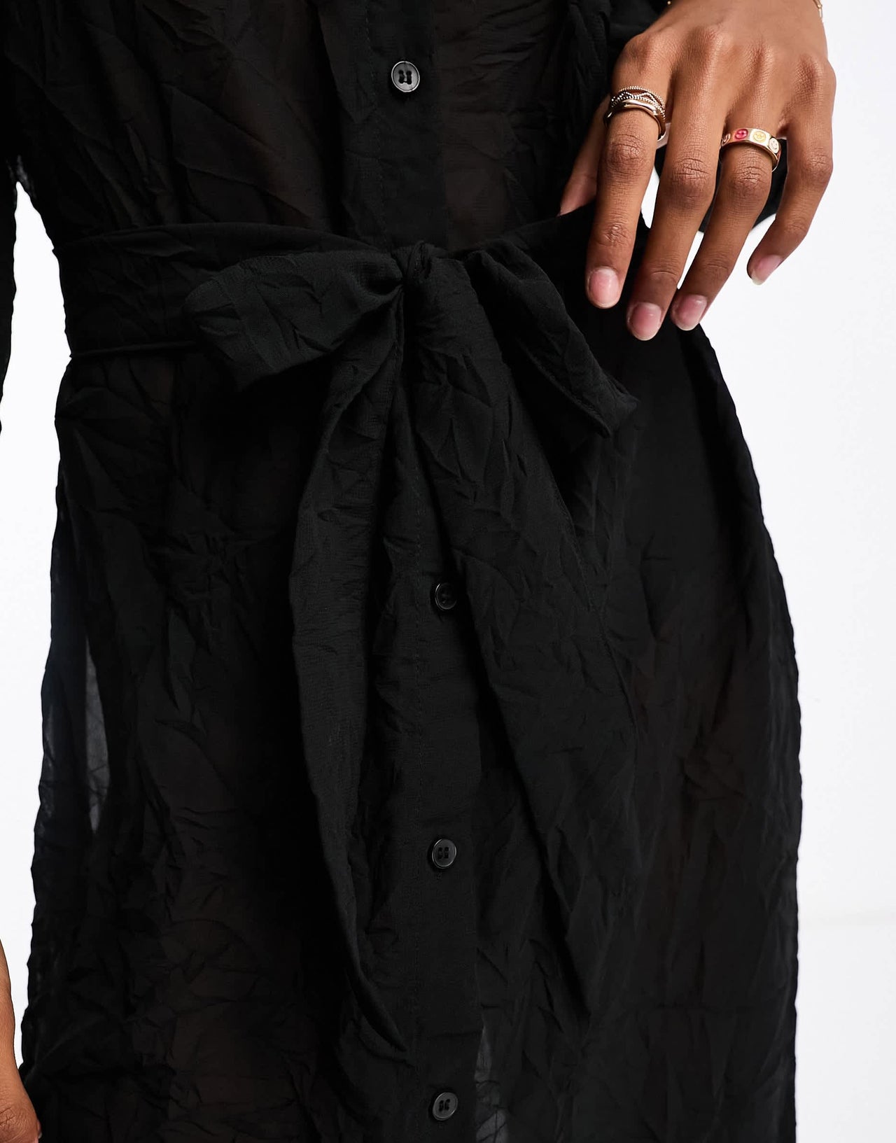 Monki button front shirt dress with tie waist in black