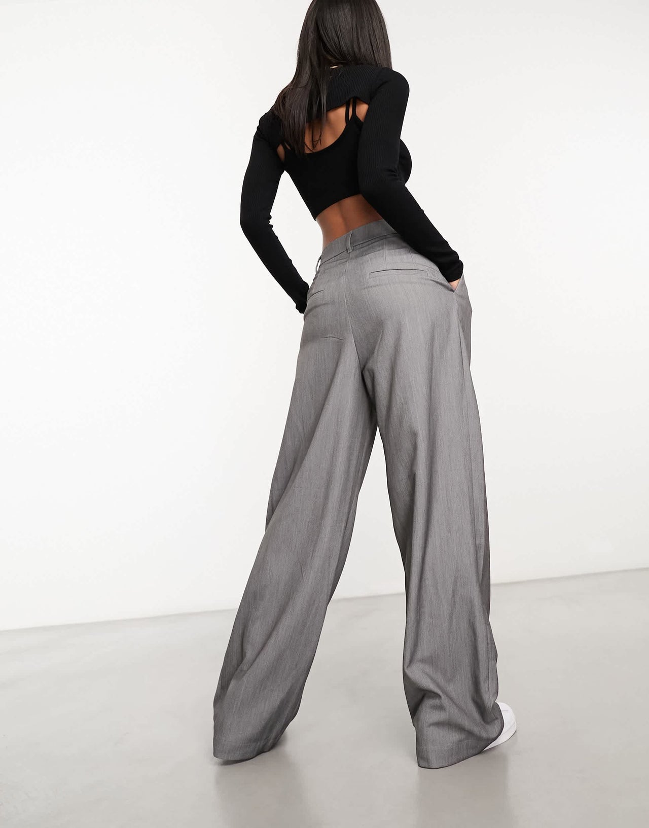 Monki high waist wide leg tailored trousers in light grey