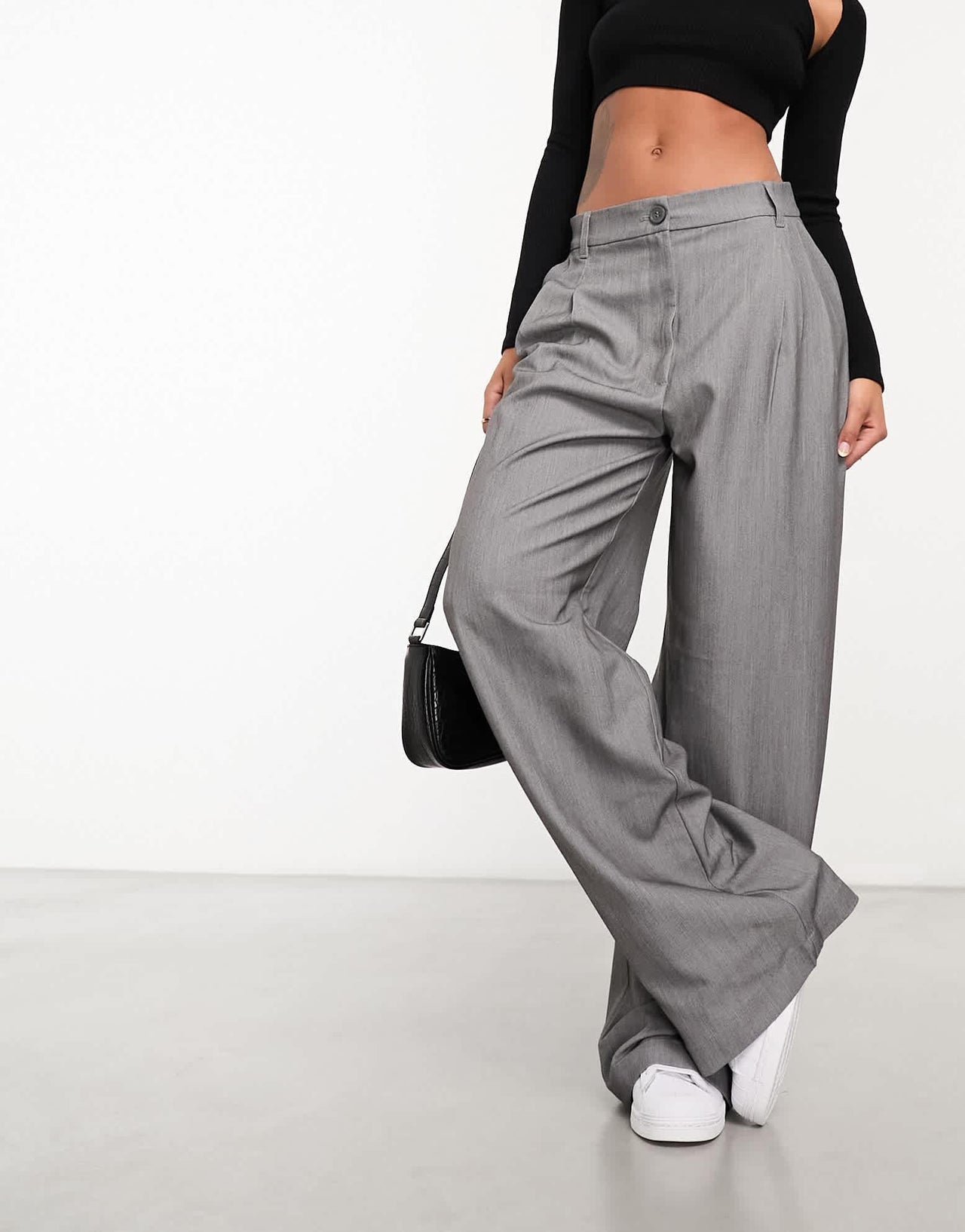 Monki high waist wide leg tailored trousers in light grey