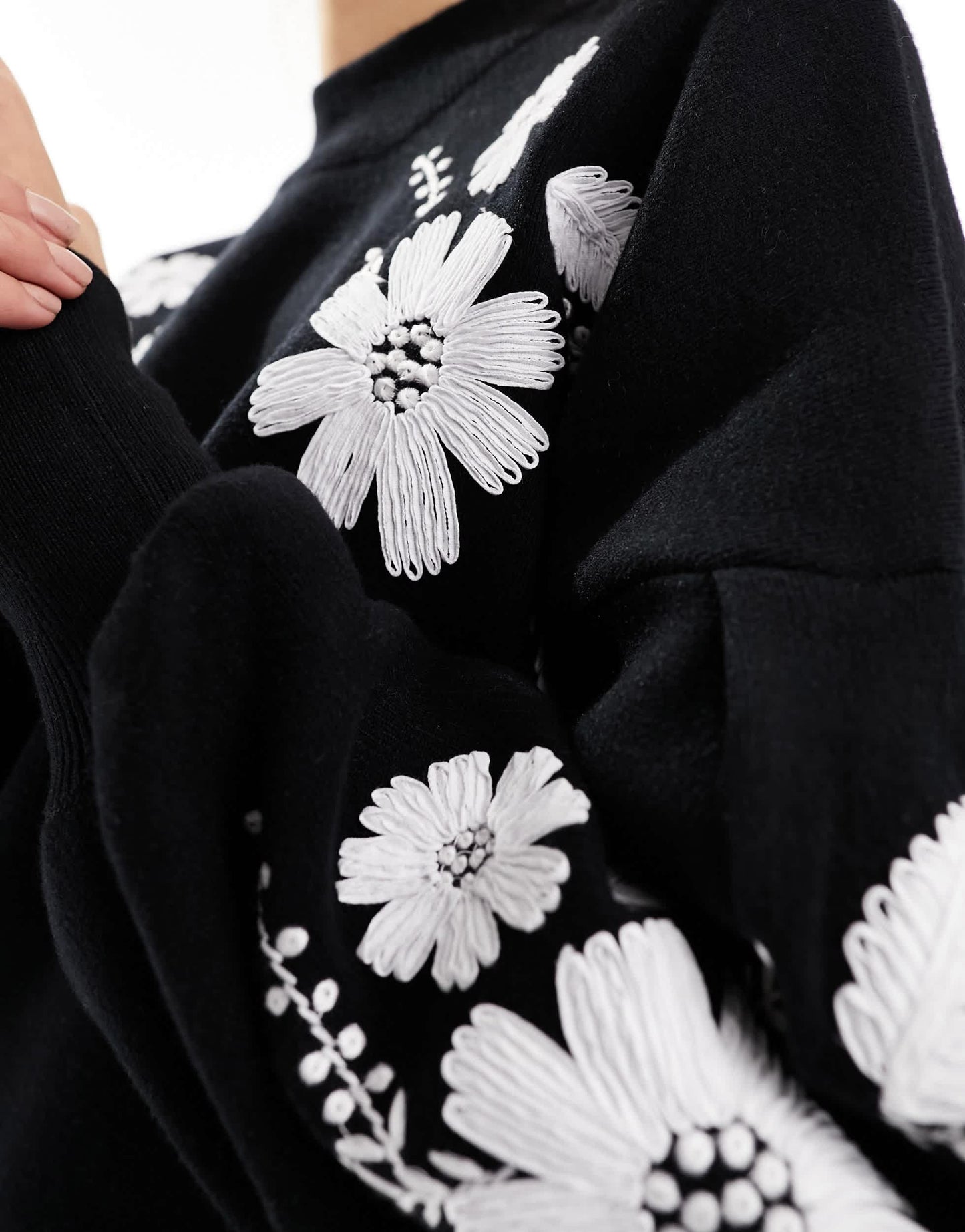 YAS embroidered flower jumper in black - BLACK