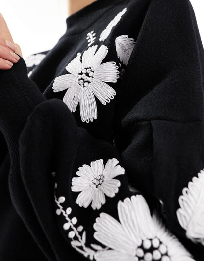 YAS embroidered flower jumper in black - BLACK