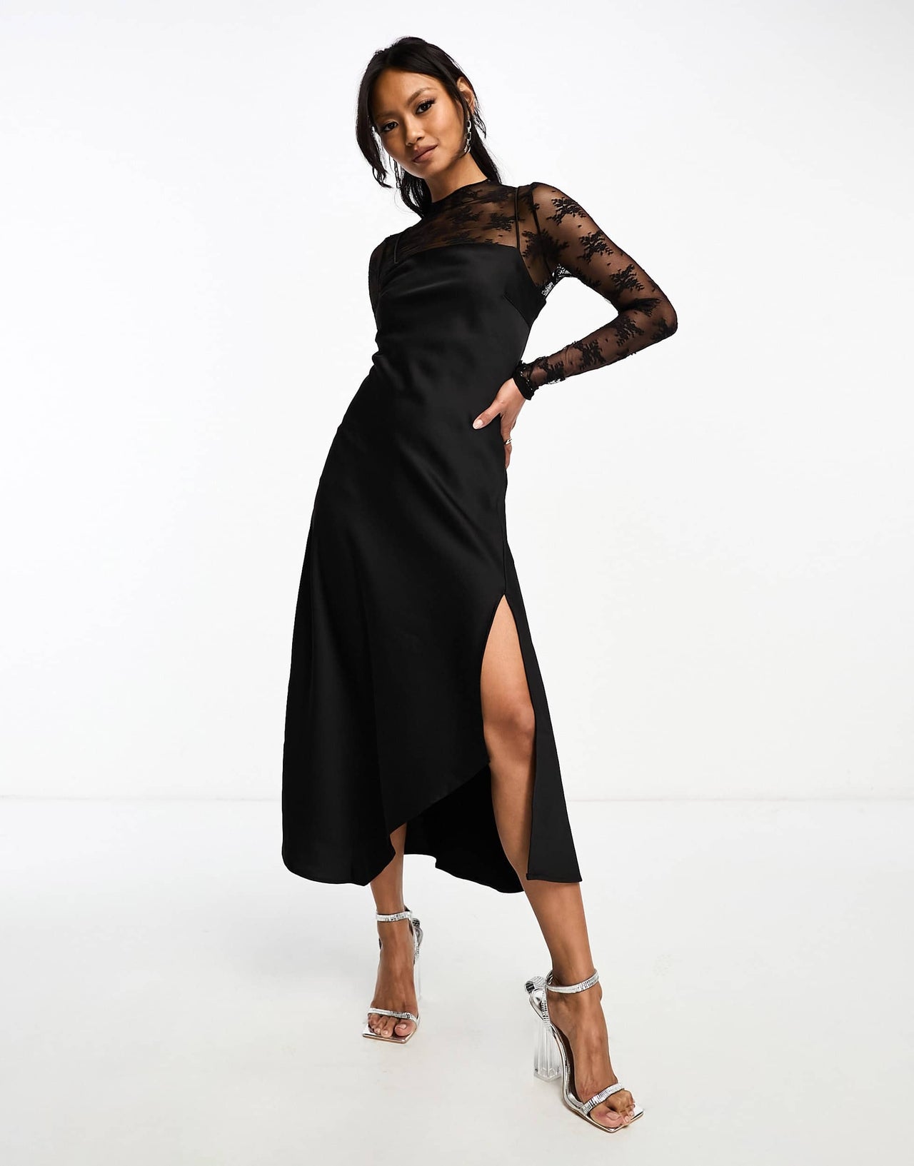 YAS hybrid high neck lace top and satin slip dress in black - BLACK