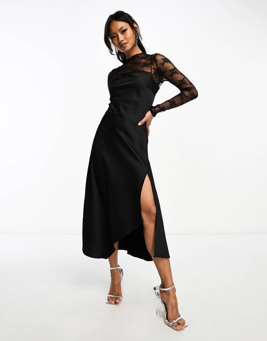 YAS hybrid high neck lace top and satin slip dress in black - BLACK