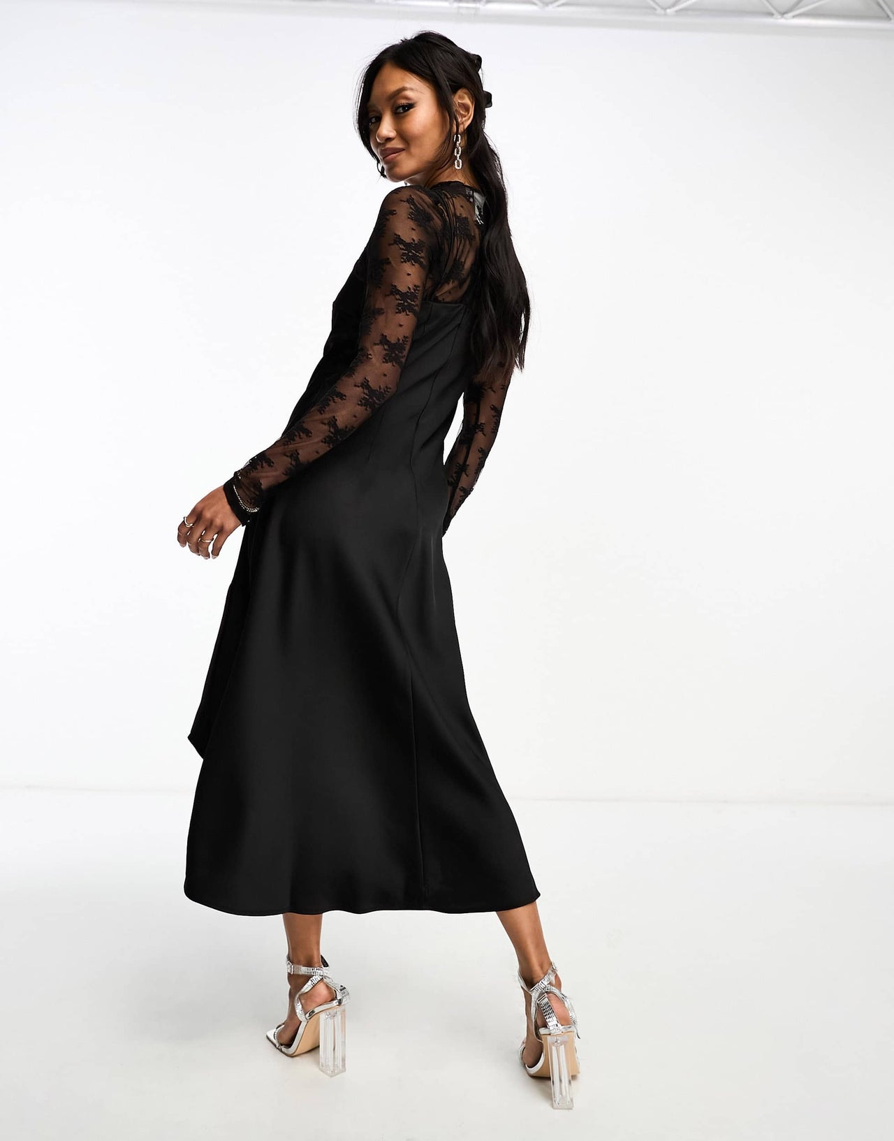 YAS hybrid high neck lace top and satin slip dress in black - BLACK