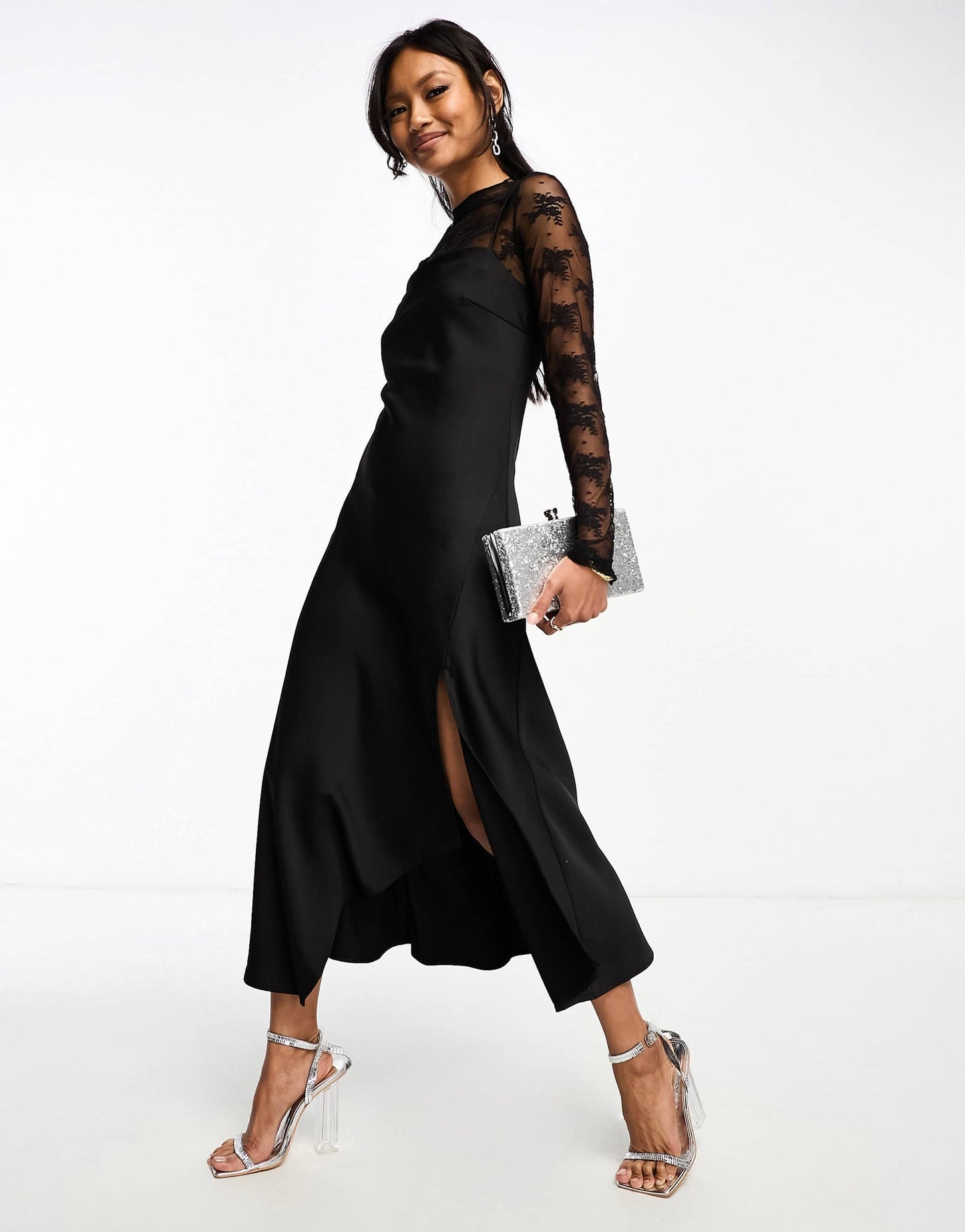 YAS hybrid high neck lace top and satin slip dress in black - BLACK