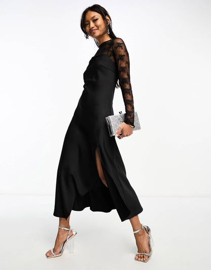 YAS hybrid high neck lace top and satin slip dress in black - BLACK