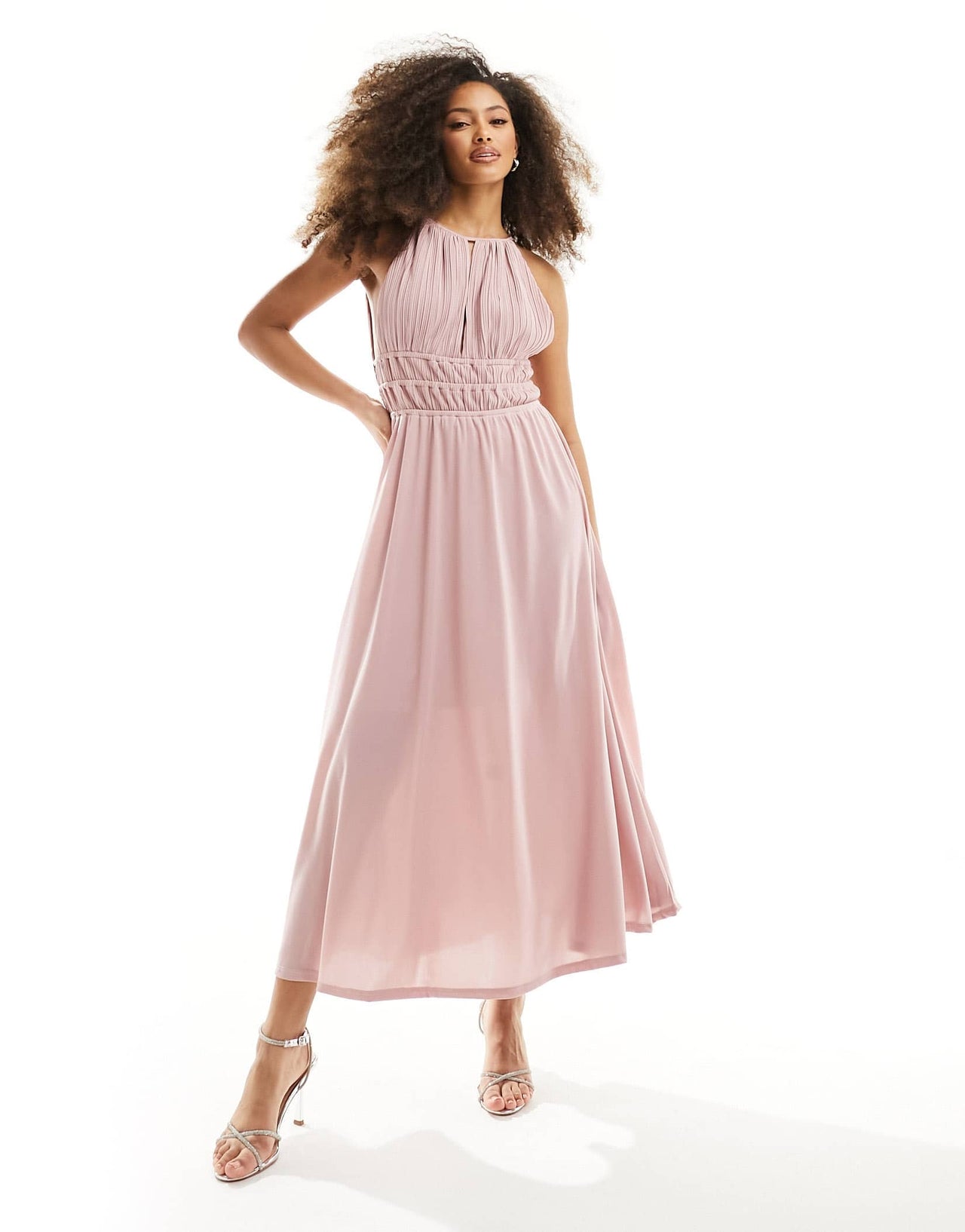 Y.A.S Bridesmaid halterneck plisse maxi dress in pink