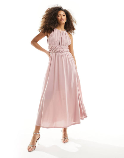 Y.A.S Bridesmaid halterneck plisse maxi dress in pink