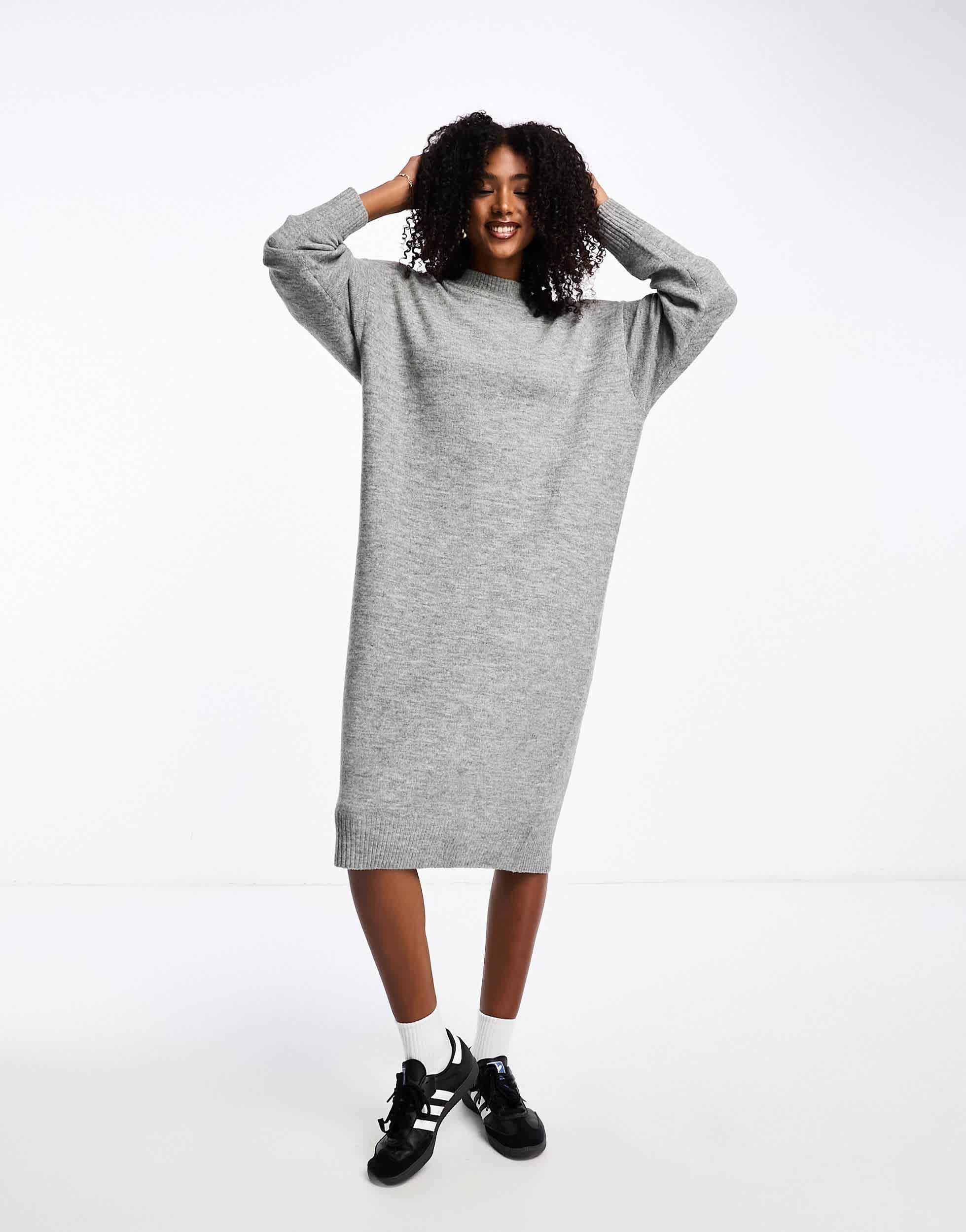 Monki long sleeve knitted midi dress in grey