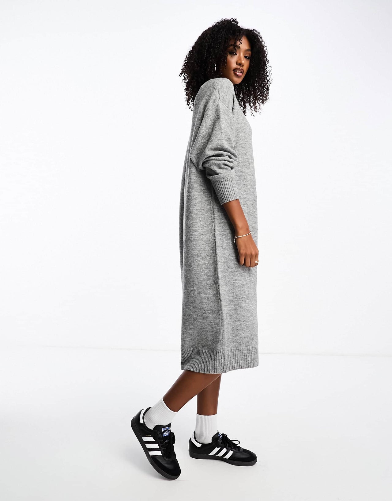 Monki long sleeve knitted midi dress in grey