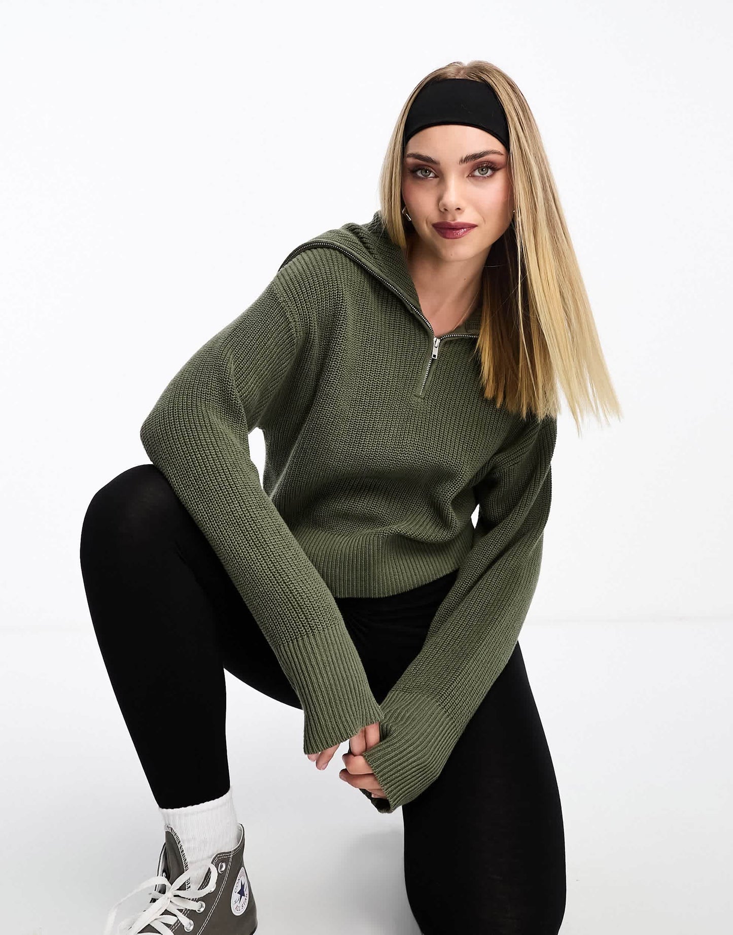 Monki high zip neck knitted sweater in khaki