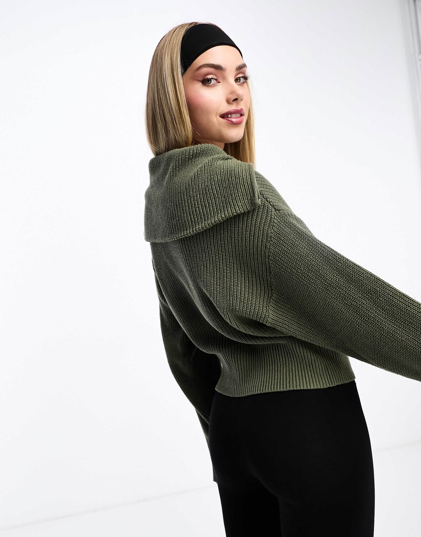 Monki high zip neck knitted sweater in khaki