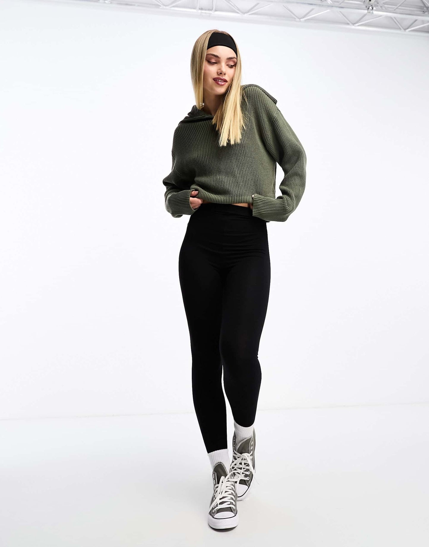 Monki high zip neck knitted sweater in khaki