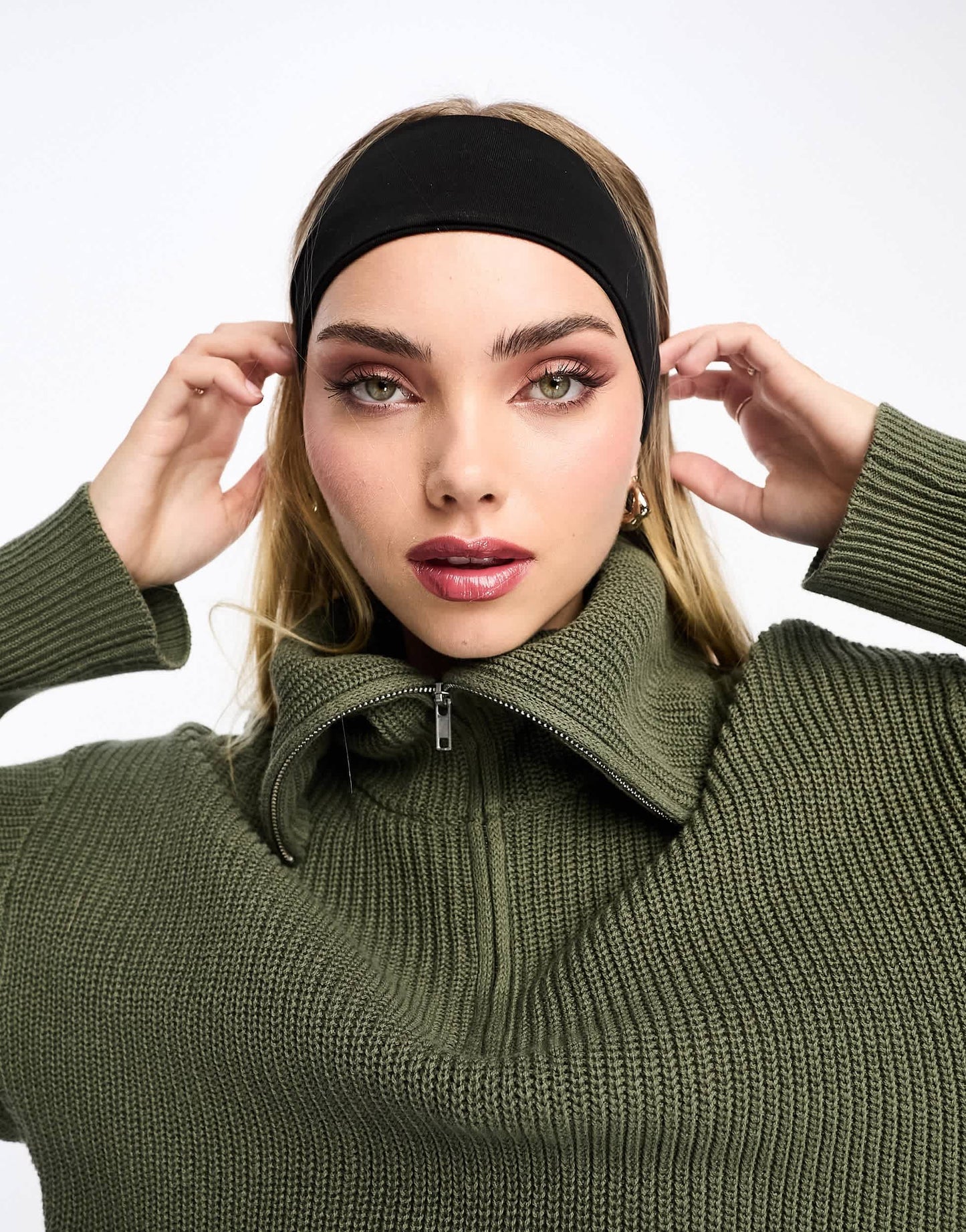 Monki high zip neck knitted sweater in khaki