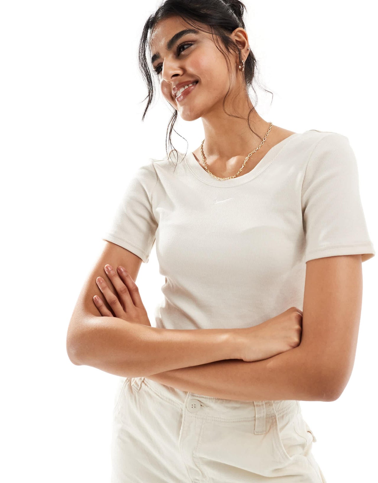 Nike mini-ribbed scoop back t-shirt in orewood beige