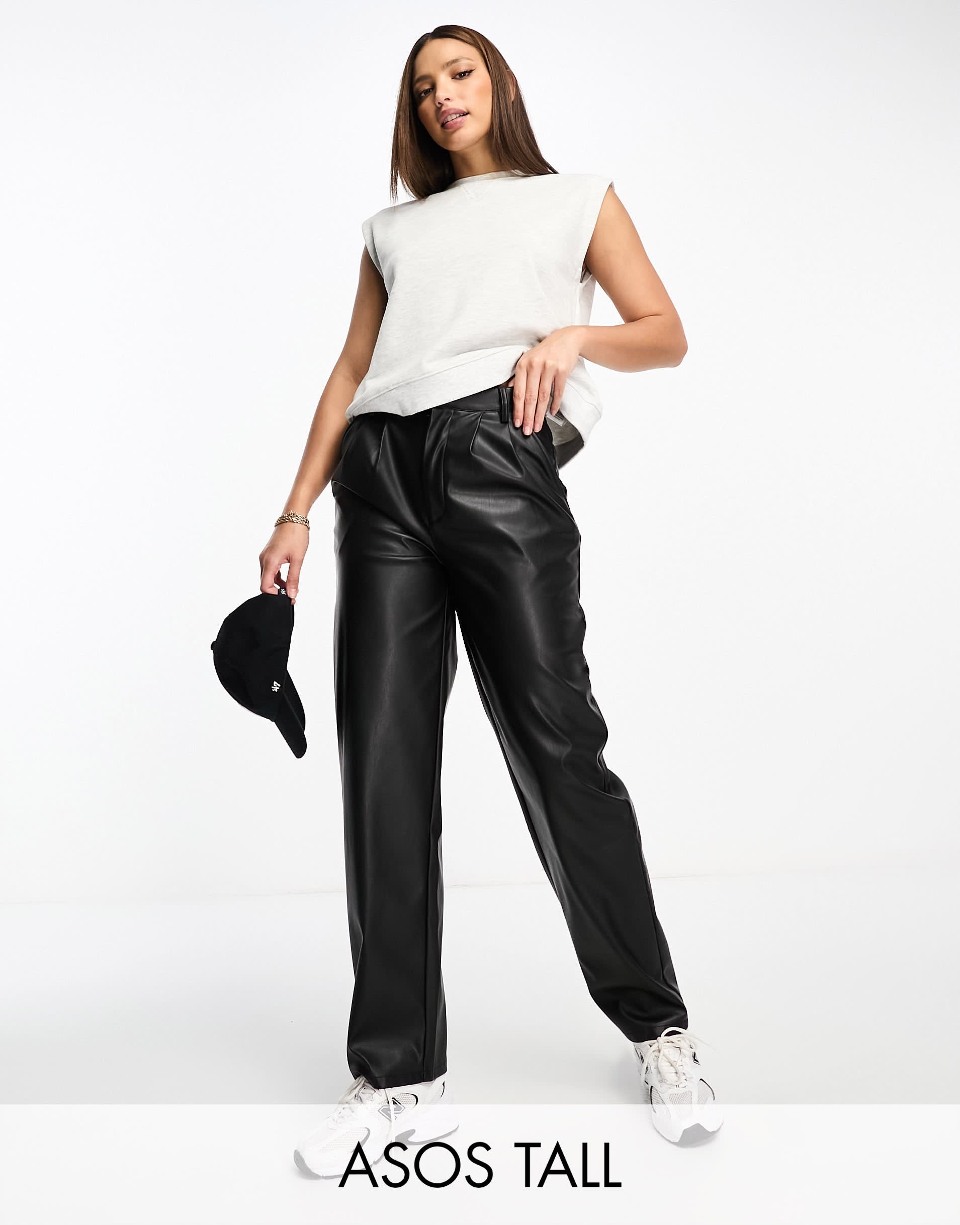 ASOS DESIGN Tall faux leather barrel leg trouser in black