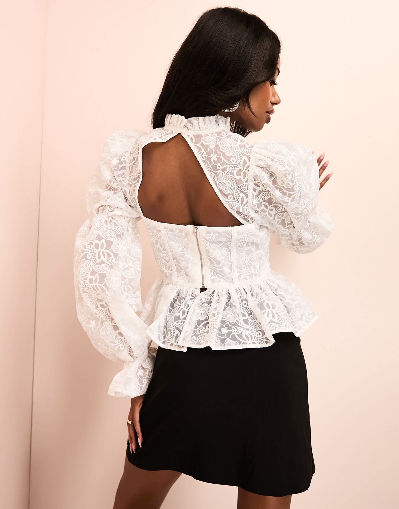 ASOS LUXE  pussy bow puff sleeve lace top in white