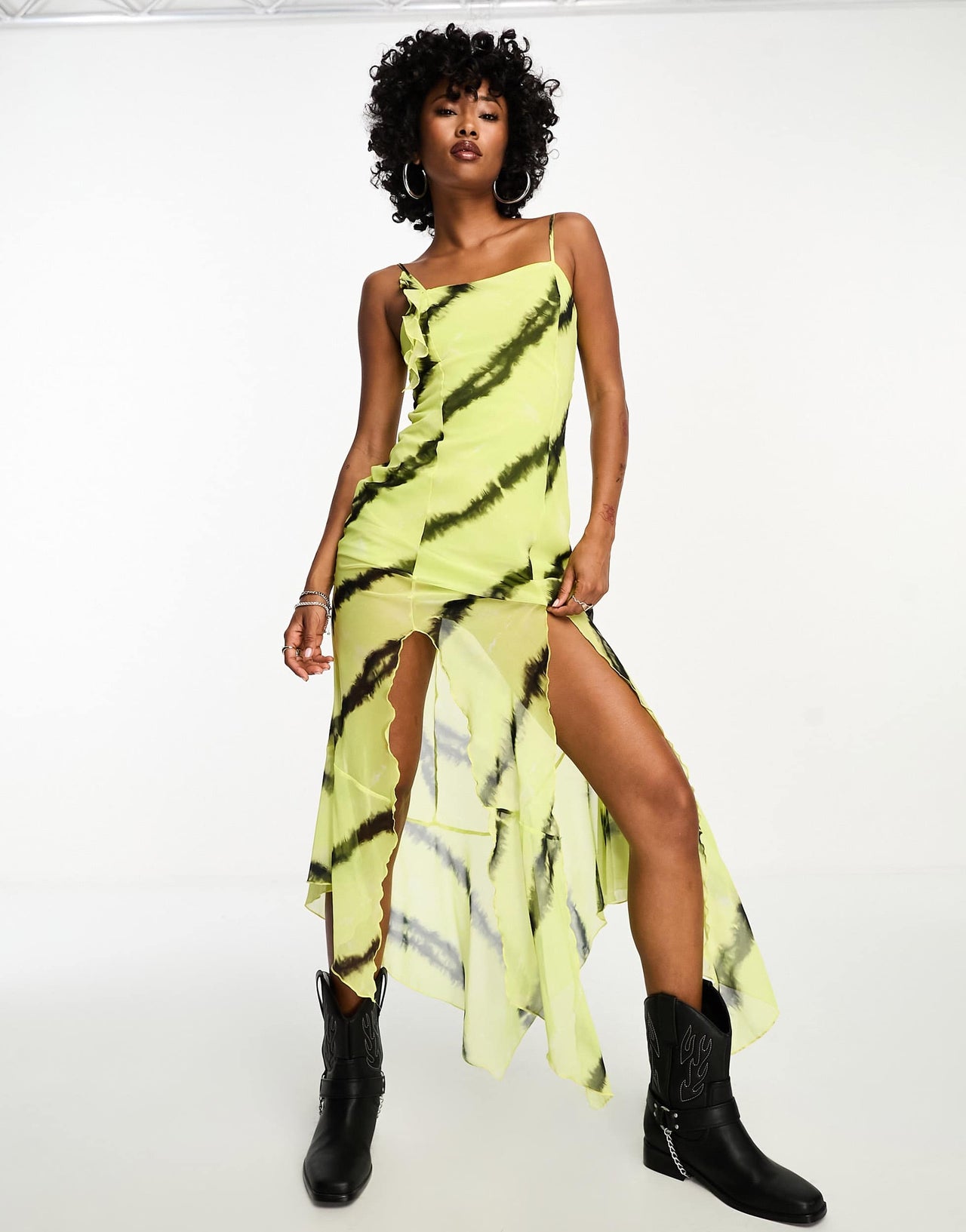 Bershka abstract ruffled maxi dress in lime