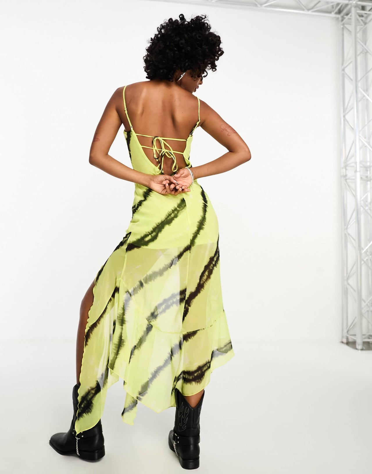 Bershka abstract ruffled maxi dress in lime