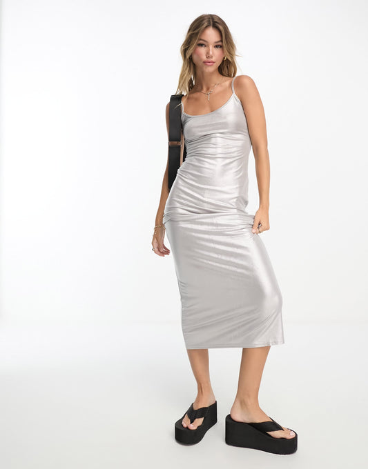 Stradivarius metallic cami dress in silver