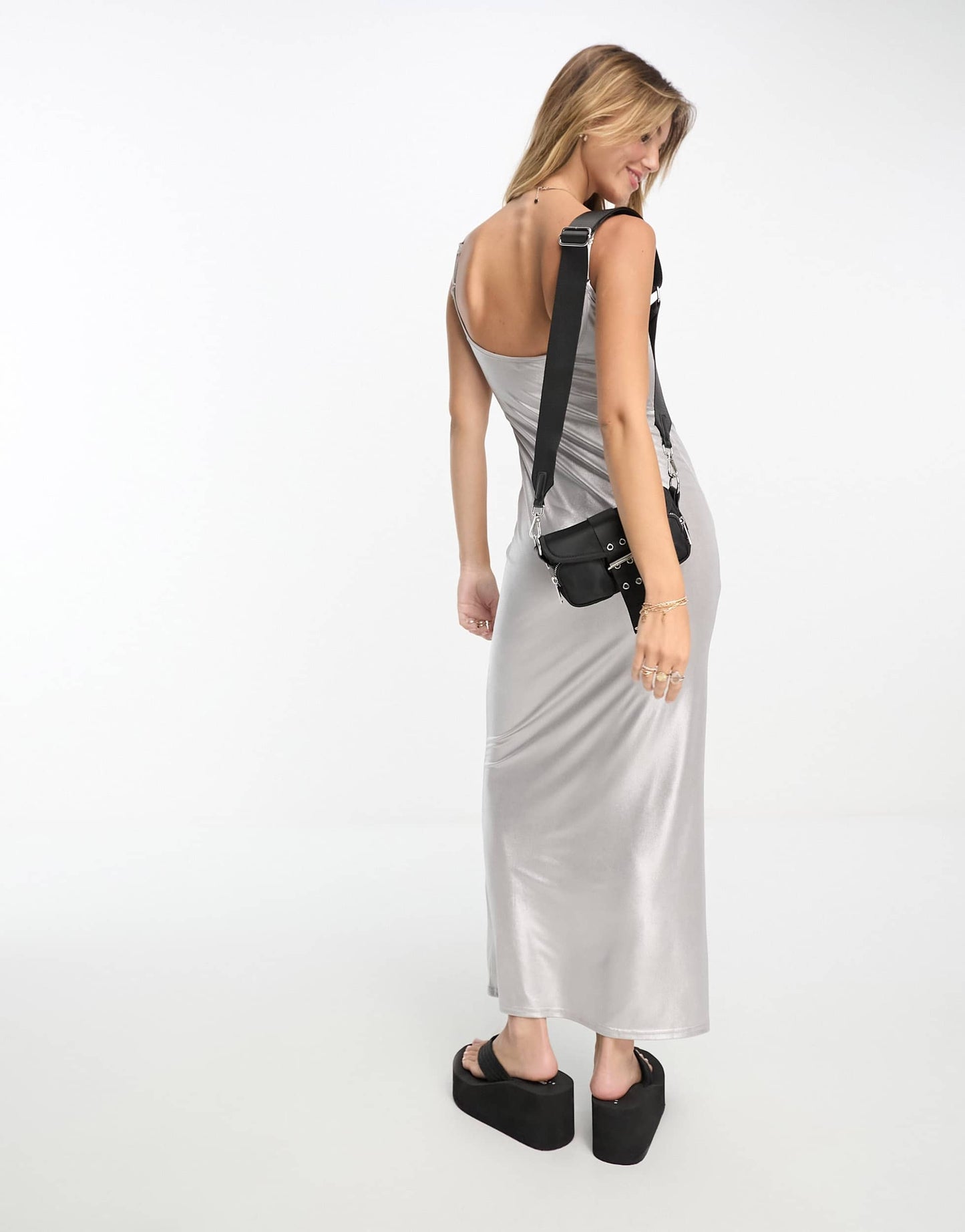 Stradivarius metallic cami dress in silver