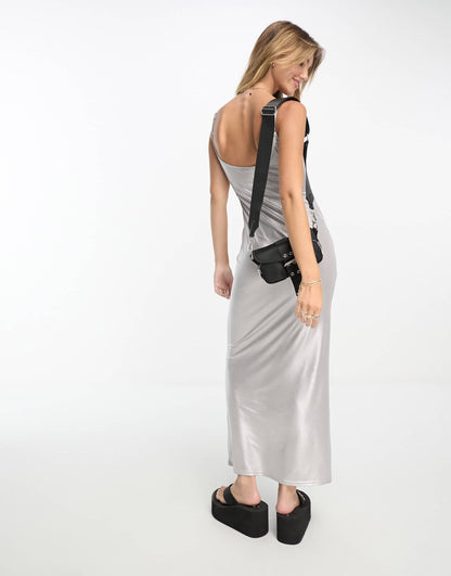 Stradivarius metallic cami dress in silver