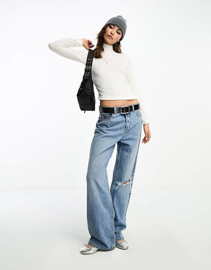 Stradivarius high neck top with ruched side in ecru