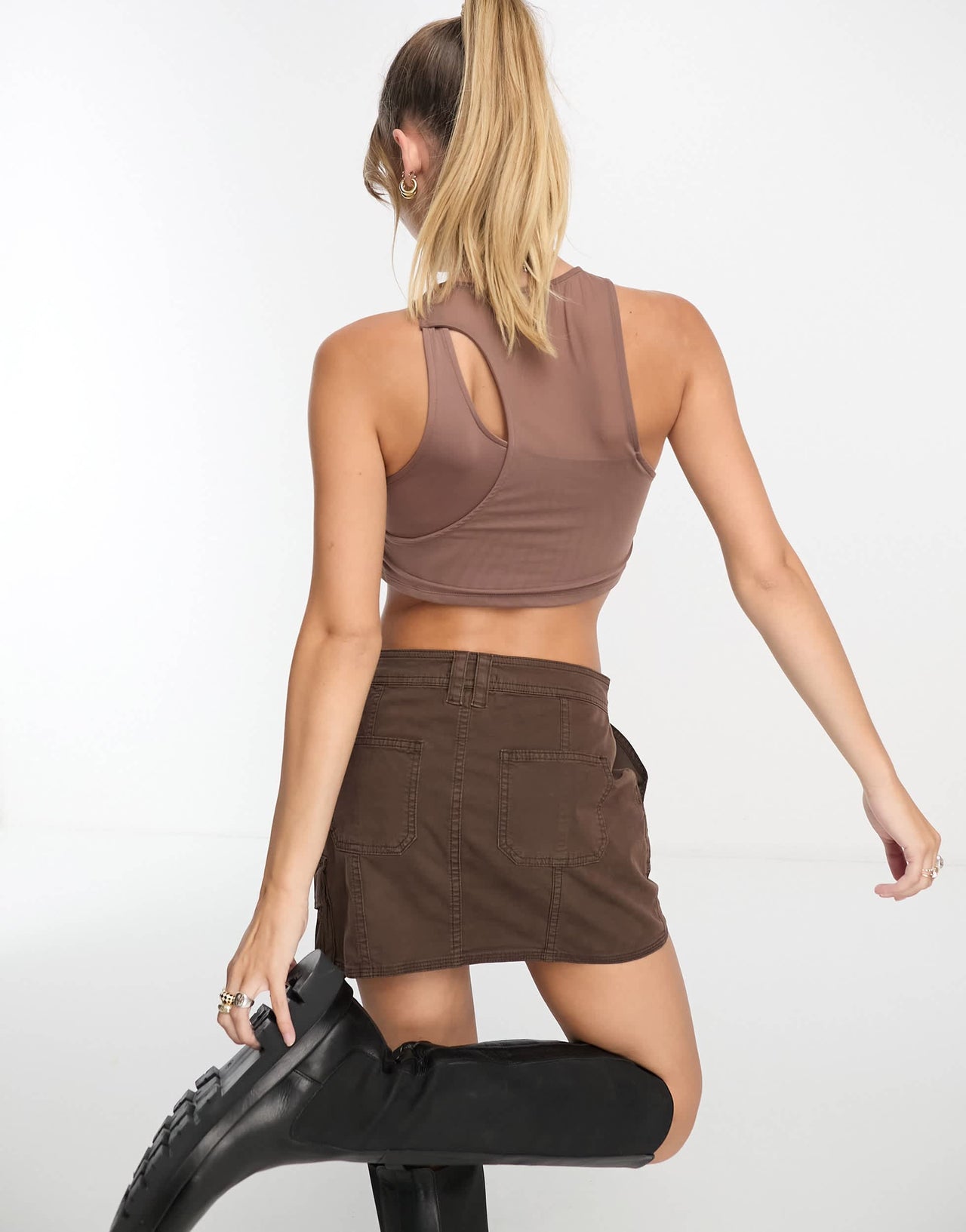 Pull&Bear mesh cut out racer ultra crop vest top in chocolate brown