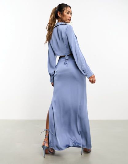 Aria Cove satin open tie side maxi skirt co-ord in blue