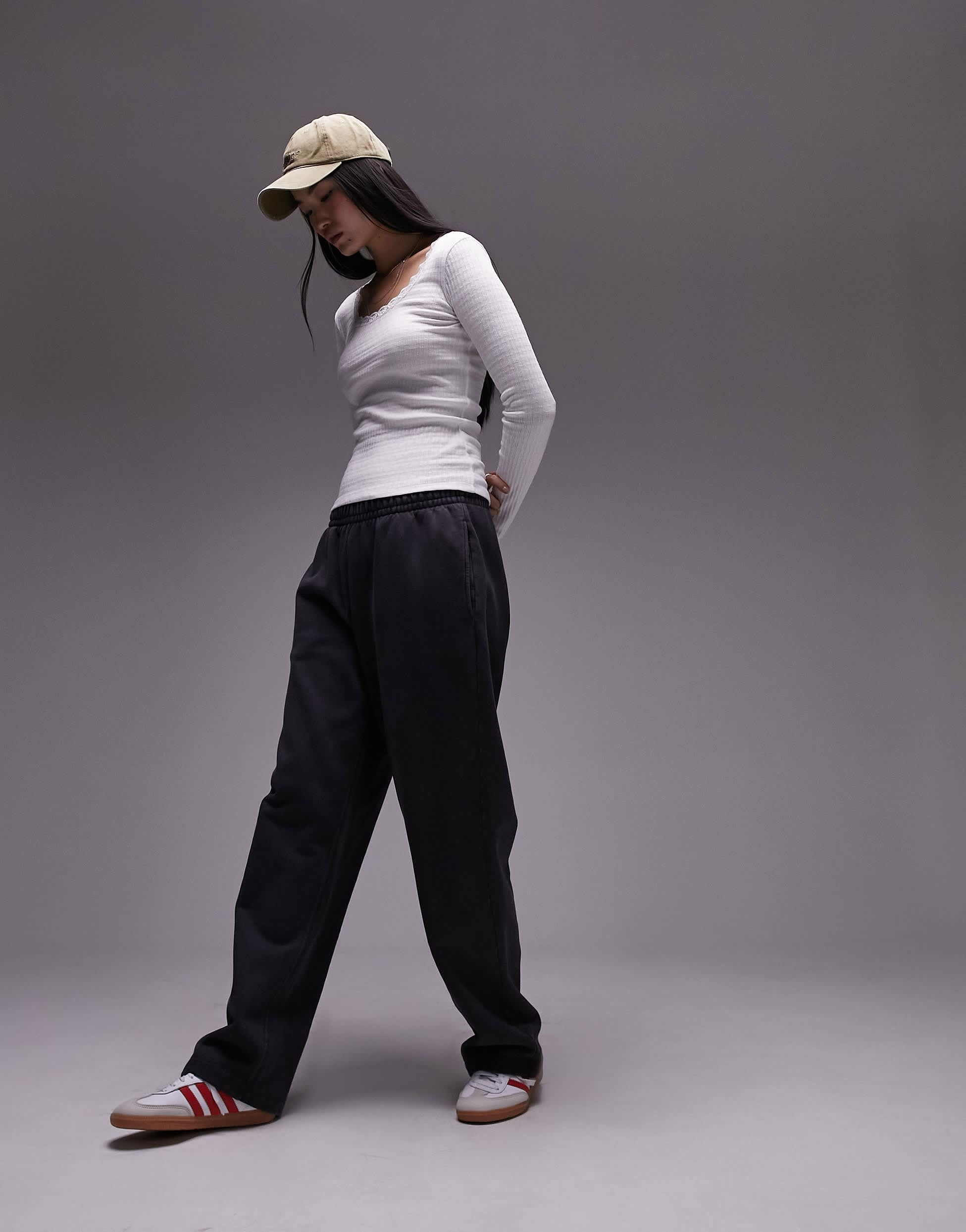 Topshop long sleeve lace pointelle top in white