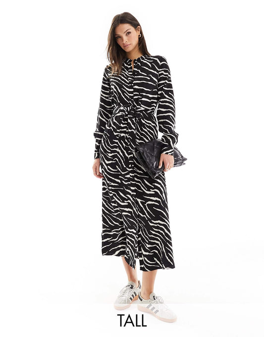 Pieces Tall tie waist midi shirt dress in black & white zebra print