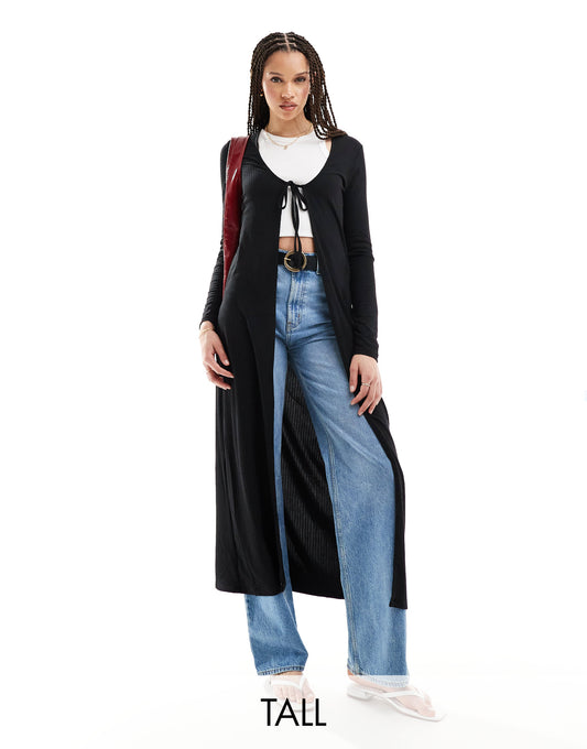 Pieces Tall tie front maxi cardigan in black