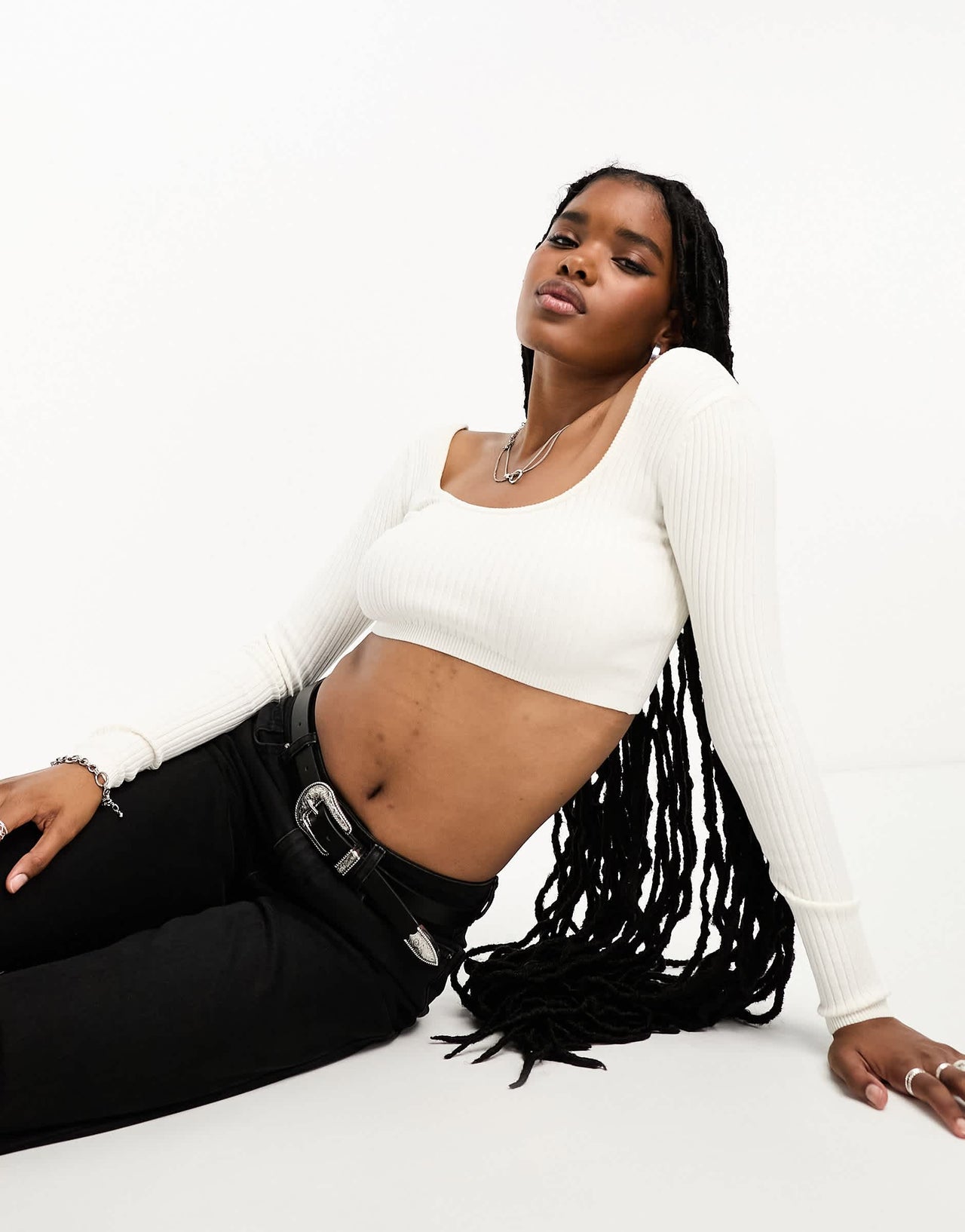 Bershka ribbed scoop neck long sleeve top co-ord in ecru