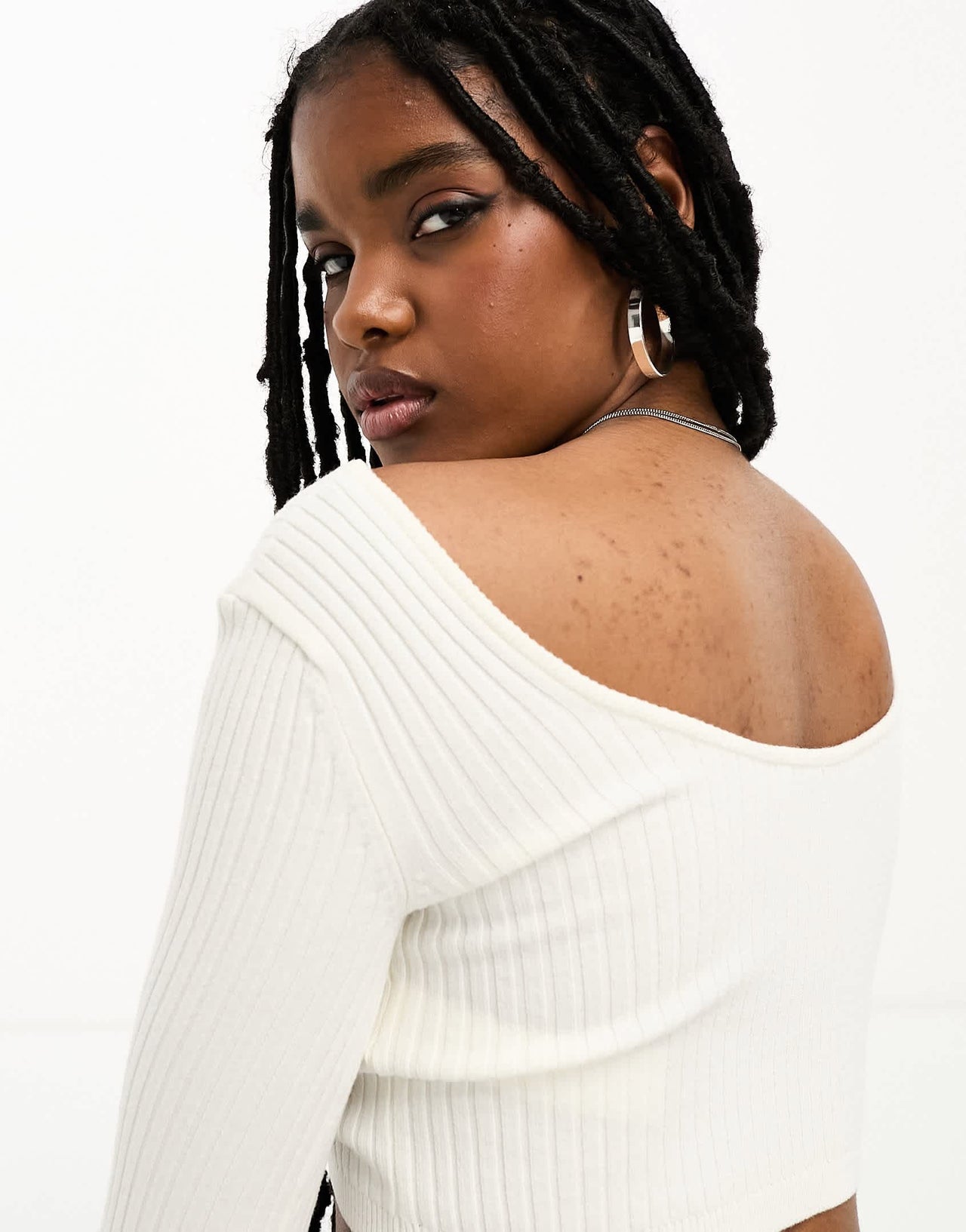 Bershka ribbed scoop neck long sleeve top co-ord in ecru